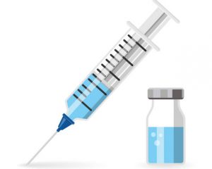 Icon plastic medical syringe with needle and vial in flat style, concept of vaccination, injection, isolated vector illustration