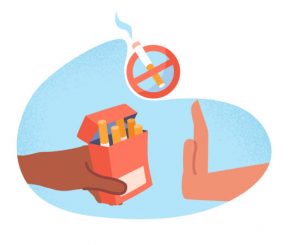 Stop smoking concept. Hand refuses cigarettes, motivational banner or poster. Refusal of harmful habits, active lifestyle and health care. Strong mentality metaphor. Cartoon flat vector illustration